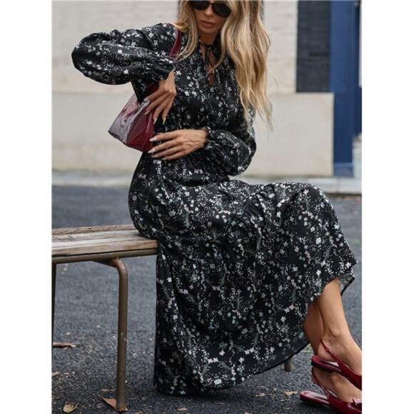 Random Floral Print Tie Waist Flared Sleeve V-Neck Ruffle Hem Dress - Picture 8 of 8